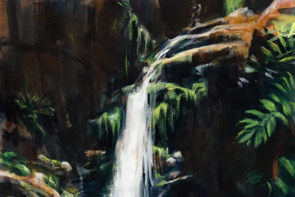 Detail of an oil painting by Ros Koch of a waterfall with dark, lush green surrounds