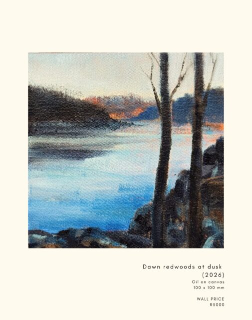 It’s another mellow Monday moment here is Stellies and, whilst I let some base layers dry on my next big project, here’s another mini mellow moment I captured on canvas. 

Dawn redwoods at dusk
(2026)
Oil on canvas
Available (and 20% off just for this week only🎉)

Imagine it’s -10° Celsius and the river is frozen, the last warm embers of sunlight fading fast on the distant hills as the sun sets. 

Not really the ideal time to sit on a frozen bench for a pose. Hence the little happy dance through the trees to warm up. 

You’re welcome 🤗
