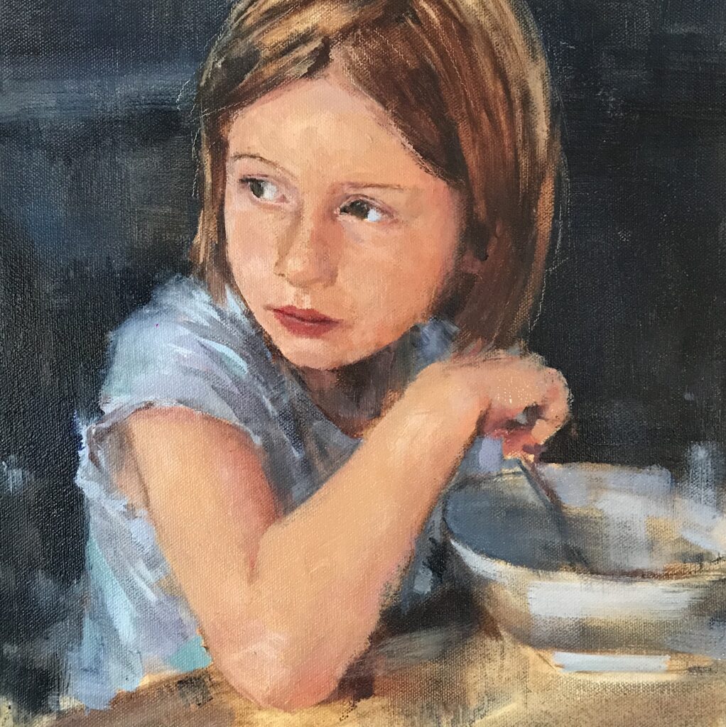 Oil painting by Ros Koch which is a portrait of young girl at a table glancing sideways