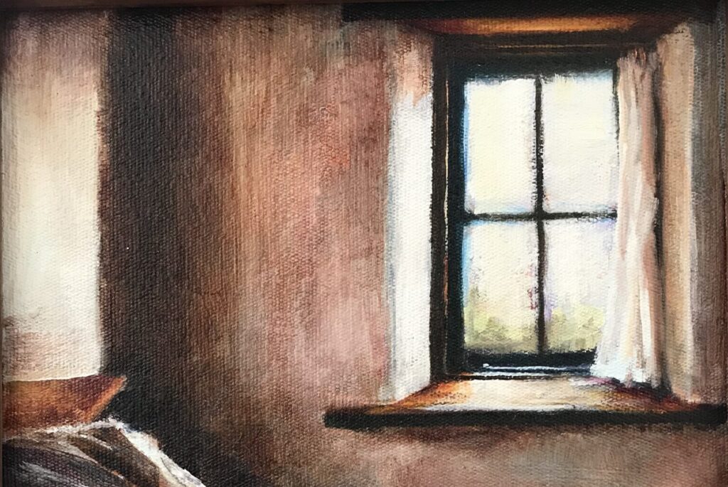 Oil painting of a room, with an unmade bed, loose linen, a book on the table and a window with light pouring in