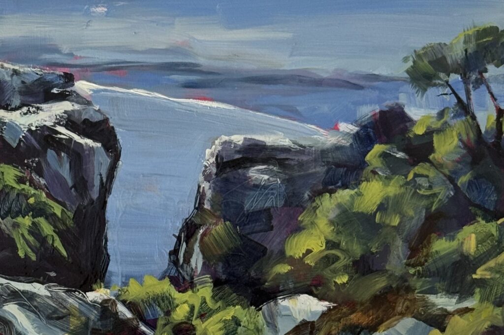 Oil on board painting by Ros Koch of a view from the top of Table Mountain