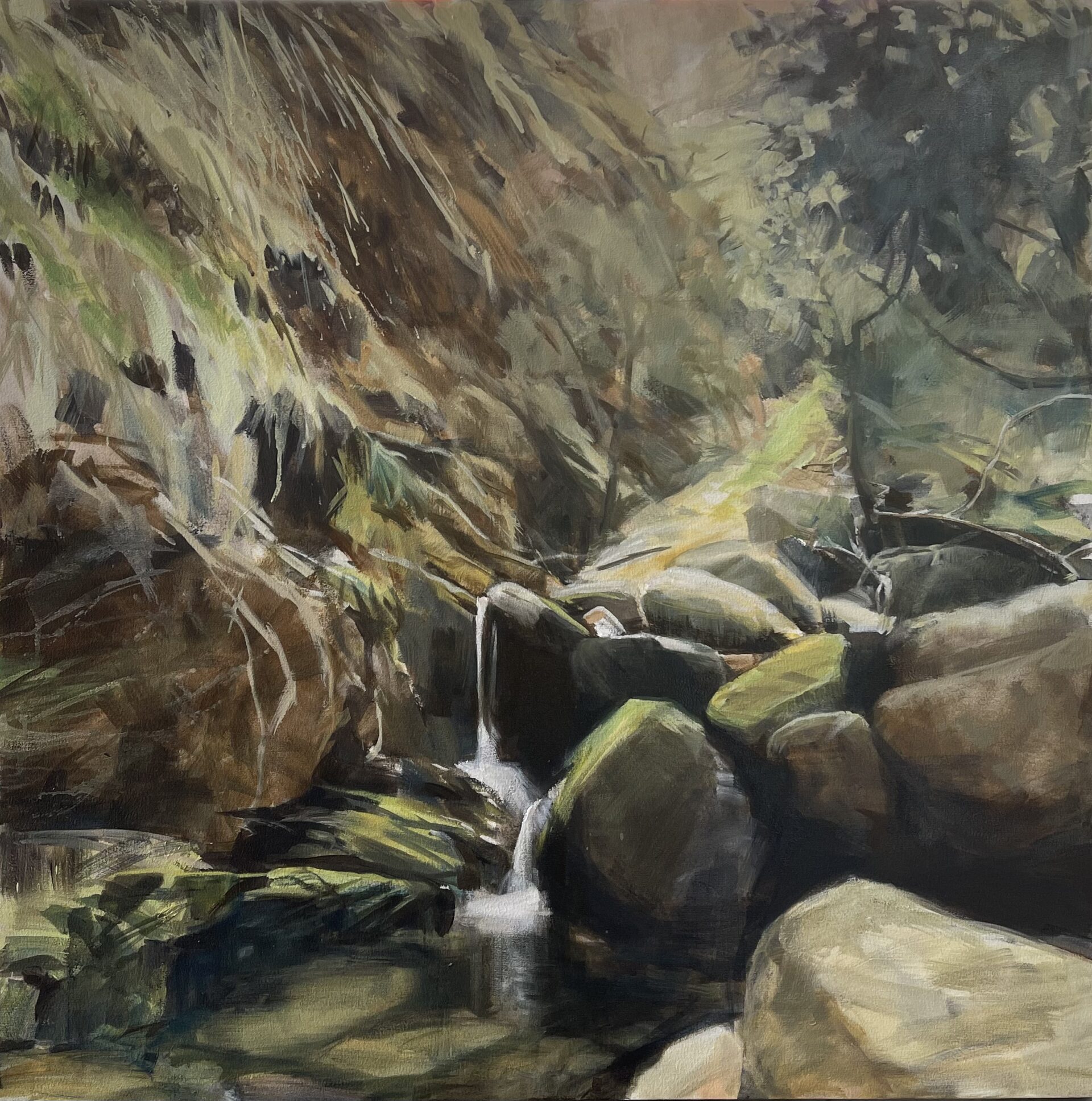 An oil painting of a small waterfall with large boulders in the foreground, and a pool of smooth dark water at the foot of the waterfall