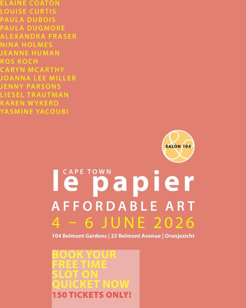 Pink flyer advertising the dates for an upcoming exhibition in Cape Town hosted by Salon 104