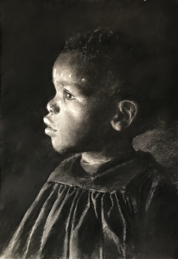 A charcoal drawing of a young African girl wearing a dark smocked dress, the light falling on her face